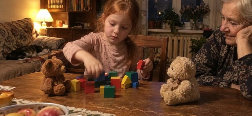 A girl counting blocks with her grandmother