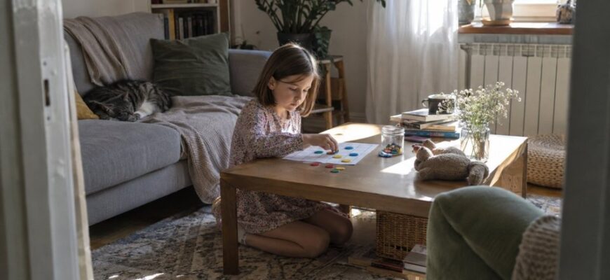A girl working on a puzzle at a low table