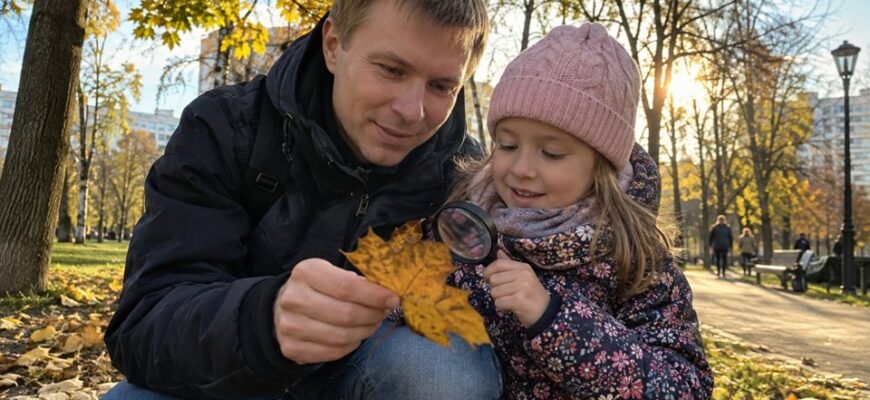 A dad and daughter examining an autumn leaf with a magnifying glass