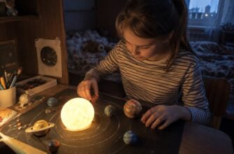 A girl arranging model planets beside a lamp