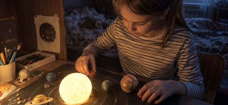A girl arranging model planets beside a lamp