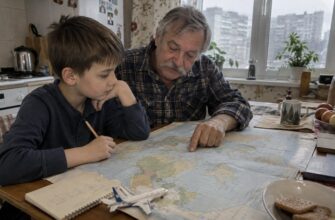 A child and grandfather exploring a paper world map