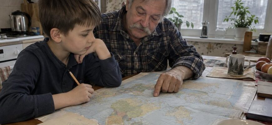 A child and grandfather exploring a paper world map