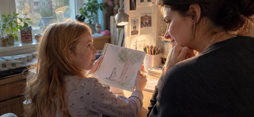 A child showing a parent her problem-solving sketch
